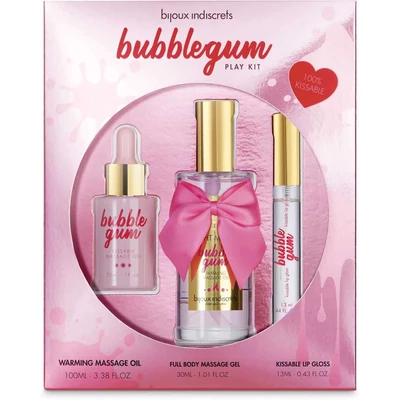 BUBBLEGUM Play Kit:- melegítő masszázs olaj 100 ml- ehető testzselé 30ml- orális ajakfény 13ml