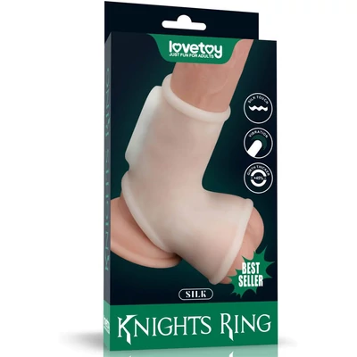 Vibrating Silk Knights Ring with Scrotum Sleeve (White) I vibrátoros péniszgyűrű