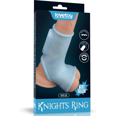 Vibrating Silk Knights Ring with Scrotum Sleeve Blue vibrátoros péniszgyűrű