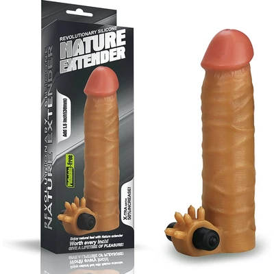 Add 1.5" Vibrating Silicone Extender Brown vibrátoros erezett felületű péniszköpeny