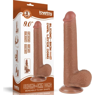 9'' Sliding Skin Dual Layer Dong Brown dildó herékkel és csúsztatható bőrrel