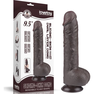 9.5'' Sliding Skin Dual Layer Dong Black dildó herékkel és csúsztatható bőrrel