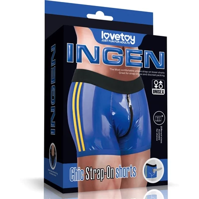 Chic Strap-On shorts S/M (32 - 35 inch waist) Blue boxer alsó O-gyűrűvel